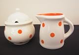 Ronnie's Terramoto Ceramic, Cream & Sugar Set, Orange Polka Dots on White Base