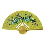 Hand Painted Bird & Flower Wall Fan - Yellow