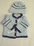 Ck25, Knitted on Hand Knitting Machine Hand Crochet Finished Little Boys Outfit Blue Chenille with Navy Chenille Stripe Cardigan Sweater, Hat Set in Sizes 0-6mo, 6-12mo, 12-18mo, 18-24mo