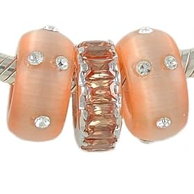 Peach Colored Cat's Eye Baguette CZ Sterling Bead Trio for European Charm Bracelet