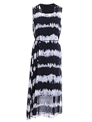 Belted Scoop Neck Striped Print Sleeveless  Dress with a Brush/Sweep Train 
