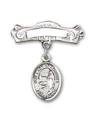 Sterling Silver Baby Badge with Our Lady of Lourdes Charm and Arched Polished Badge Pin