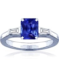 14K White Gold Emerald Cut Blue Sapphire Three Stone Ring