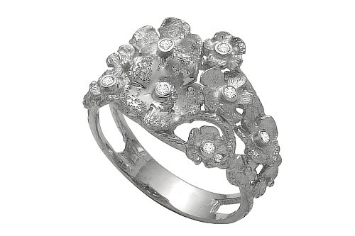14K White Gold Hand-Crafted Matte-Finish Bouquet of Flowers Designer Ring, Enhanced with Bezel Set Diamonds.