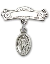 Sterling Silver Baby Badge with Scapular Charm and Arched Polished Badge Pin