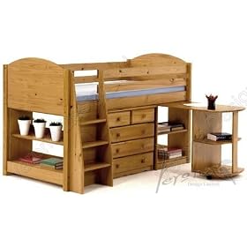 PINE MIDSLEEPER CABIN BED, WITH CHEST OF DRAWERS, PULL OUT DESK AND BOOKCASE FROM CENTURION PINE