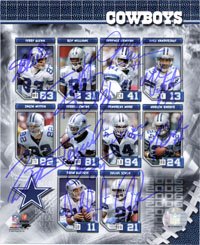 Signed Cowboys, Dallas (2006) 8x10 By the 2006 Dallas Cowboys: Terry Glenn, Roy Williams, Terence Newman, Mike Vanderjagt, Jason Witten, Terrell Owens, Demarcus Ware, Marion Barber, Drew Bledsoe and Julius Jones (10 Signatures in all) Photo