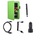 EEEKit Bundles for Kindle Fire HD 7, Green PU Case + Stylus Pen Black + 2 USB Ports Car Charger 2A Black + Micro USB Male to USB A Male Spring Cable + Micro HDMI to HDMI Cable 1.8m