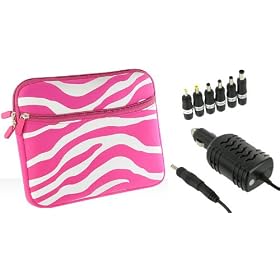 PCMS 2n1 Combo - Toshiba Mini NB205-N330BN 10.1-Inch Netbook Neoprene Sleeve Case with 12v Car Charger - Zebra Magenta / White