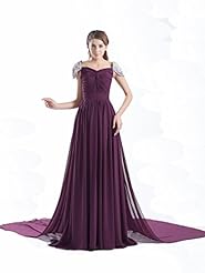 A-line Floor Length Chiffon Natural   Waistline Cap Sleeves Lace Beaded Pleated Sweetheart Prom Dress 
