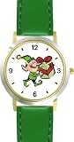 Elf - Santa Claus Helper Christmas Theme - WATCHBUDDY&reg; DELUXE TWO-TONE THEME WATCH - Arabic Numbers - Green Leather Strap-Size-Large ( Men's Size or Jumbo Women's Size )
