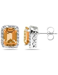 3.75ctw Emerald Cut Citrine and Diamond Earrings in 14K White Gold