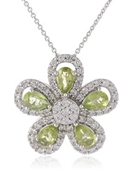 Sterling Silver Peridot and Created White Sapphire Flower Pendant Necklace 18"