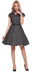 Flared-Skirt Cotton/Spandex Polka Dot Print Vintage Cap Sleeves  Shirt  Dress With a Sash 