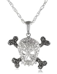 Sterling Silver Black and White Diamond Skull Pendant Necklace