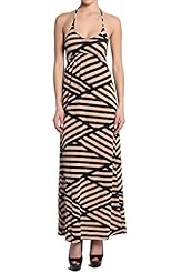 V-neck Rayon/Spandex Striped Print Halter Maxi Dress 