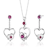 Sterling Silver Rhodium Finish Round Shape Ruby Pendant Earrings and 18 inch Necklace Set