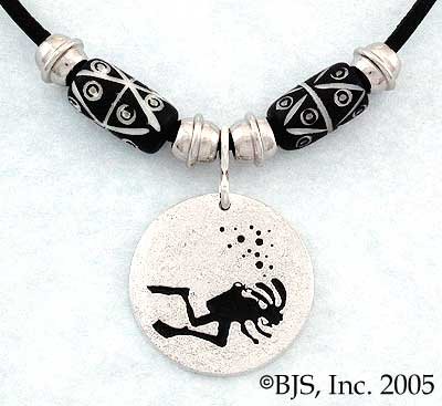 Scuba Diving Kokopelli Necklace-Sterling Silver with Beads and 18″ Leather Cord. Dive Sports Jewelry.
