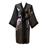 Sheer Silk Kimono- Handpainted (Short) - Black-Floral
