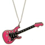 Enameled Guitar Necklace With Rhinestones In Pink With Silver Finish