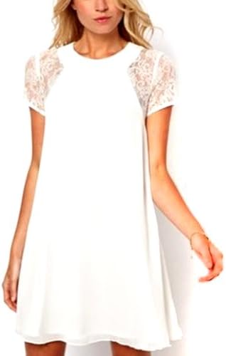 Sumous Women's Lace Short Sleeve Round Neck Back Slit Button Dresses White