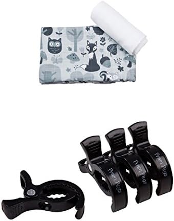 Little Rosa XL Premium Muslin Swaddles x 2 - White & Woodland with Pram Pegs Black x 4. Attach to Pram/Buggy Quickly Securely by Little Rosa