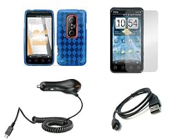 HTC EVO 3D / EVO V 4G (Sprint / Virgin Mobile) Premium Combo Pack - Blue Thermoplastic Polyurethane TPU Gel Skin Case Cover + Atom LED Keychain Light + Screen Protector + USB Cable + Car Charger