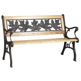 Astonica Wood and Cast-Iron Bench with Autumn-Leaf Design by Garden Benches