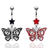 Black Star Cubic Zirconia Gothic Butterfly with Skull Belly Ring - 14G - 3/8" Bar Length - Sold Individually