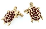 Attractive yellow gold plated turtle cufflinks with red enamel accents with presentation box. Made in the U.S.A