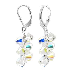 Stylish Clear Swarovski Crystal Cluster Sterling Silver Leverback 1" Long Dangle Earrings