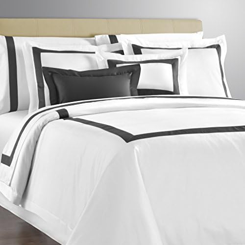 Charcoal (Dark Gray) 400 Thread Count Sateen Cotton 3-PCS Duvet Cover Set | Color: Modern Applique' White / Charcoal | Size : Queen | One Day Sale Only