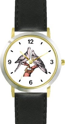 Lovebirds or Love Birds - Love & Friendship Theme - WATCHBUDDY® DELUXE TWO-TONE THEME WATCH - Arabic Numbers - Black Leather Strap-Size-Large ( Men