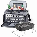 Outdoor Living : Picnic Time Buccaneer Insulated Cooler Tote w/ 3 Pc BBQ Tools And Grill Inside Tote (Black/Silver)