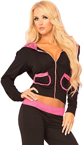 Loungwear Lace Trim Cropped Hoodie, Black, Large by Loungwear