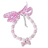 Generic Premium Design Adjustable and Handmade Pet Cat Dog Necklace Jewelry with Bling Pearls Rhinestones Bone Pendant for Pets Cats Small Dogs Female Puppy Chihuahua Yorkie Girl Gift (Pink S 8~10inch)