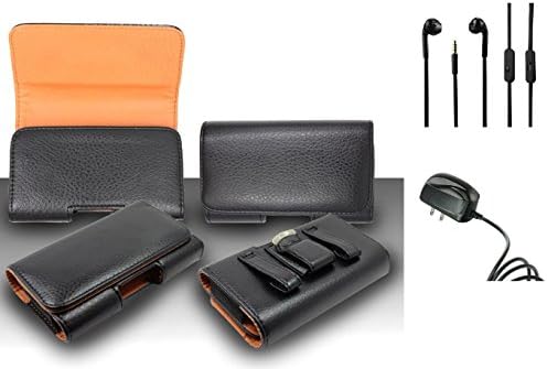 For LG K7 (2016) Premium Classic Black Pebble Texture Leather Belt Case Clip Holster Pouch (Fit for Phone With Slim Case Together) + Travel Charger + 3.5MM Stereo Earphones