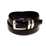 Crocodile Grain Embossed 30mm Genuine Bonded Dark Brown Leather Belt with Silver Buckle
