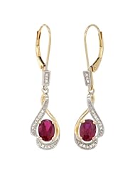 14k Gold 3/4 in. (19mm) tall Lever Back Dangle Earrings, w/ 0.13 Carat Brilliant Cut Diamonds & 2.40 Carats Oval Cut 7x5mm Ruby Stones