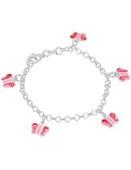 Unicornj Sterling Silver Childrens Bracelet with Butterfly Charms Pink and Red