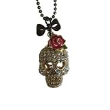Celebrity Silver Long Crystal Skull Necklace with 32 Inch Gunmetal Chain