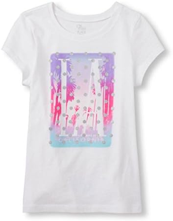 Girls Short Sleeve LA (Los Angeles) Glitter Graphic Tee - White (Medium (7/8))