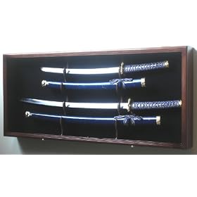 2 Sword Display Case Cabinet Stand Holder Wall Rack Box - Lockable w/ 98% UV Protection -Walnut