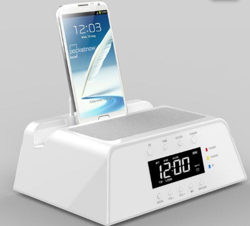AI-IWA Stereo Bluetooth Play Bluetooth Hands-free Talking Speakers & Alarm Clock with Snooze & FM Stereo Radio & Rotated Docking Charger for iPhone 4 / iPhone 5 / iPad / iPad / Android Smartphones / Tablet (White)