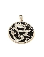 Black Onyx Sterling Silver Chinese Dragon Pendant Necklace with Rhodium Plated (come with delicated sterling silver chain)