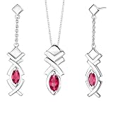Intricate Delicacy Marquise Shape Ruby Pendant Earrings Set in Sterling Silver