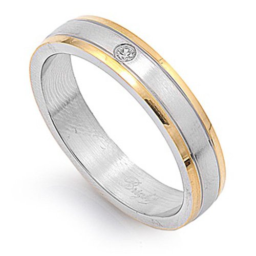 5MM Stainless Steel Single CZ Bezel Set Two Toned Wedding Band (Size 5 to 13)