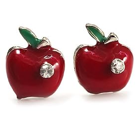 Tiny Red Apple Enamel Diamante Stud Earrings (Silver Tone)