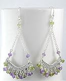 Genuine Peridot and Amethyst Beaded Gypsy Dangle Large Anti-Tarnish Sterling Silver Hook Earrings