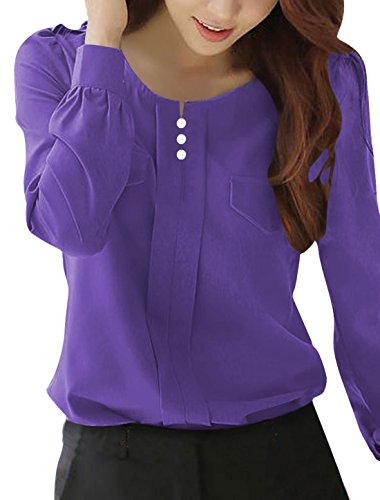 Allegra K Women Buttons Decor Mock Pockets Ruched Blouse Purple L